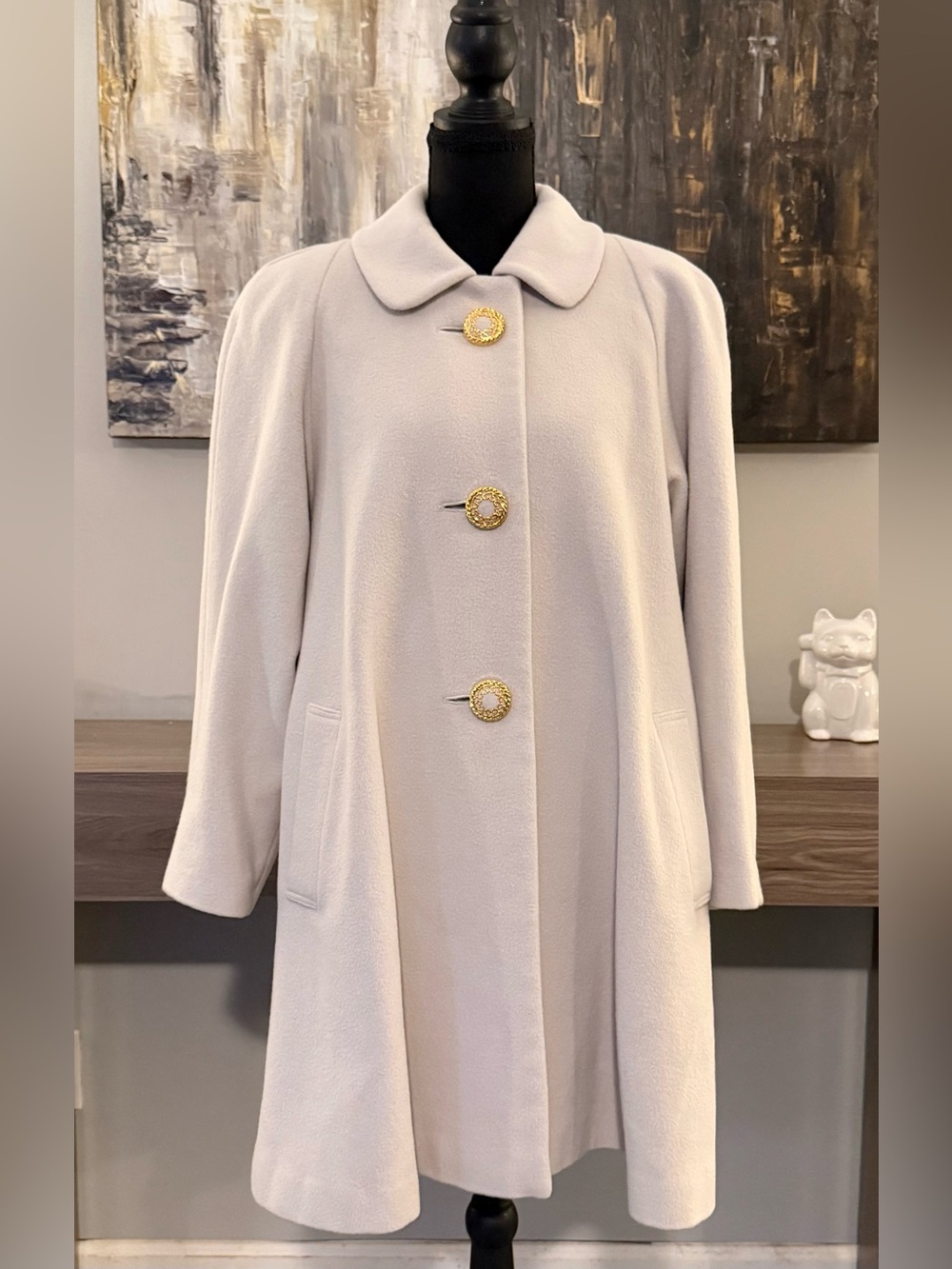 Vintage Apuman Zemma Japan 100% Angora Wool Swing Coat Cream Gold Buttons Mod M